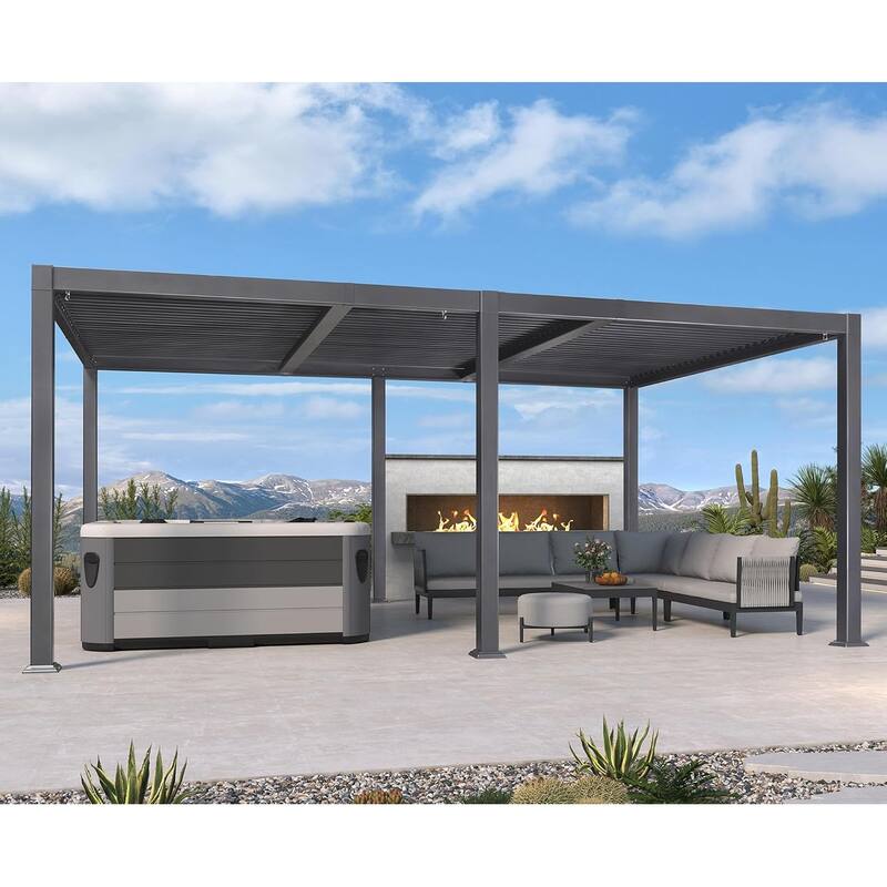 PURPLE LEAF Sun Shade Louvered Pergola with Light - Adjustable Metal Roof for Outdoor Patio - 11.4' x 17.5' - Grey