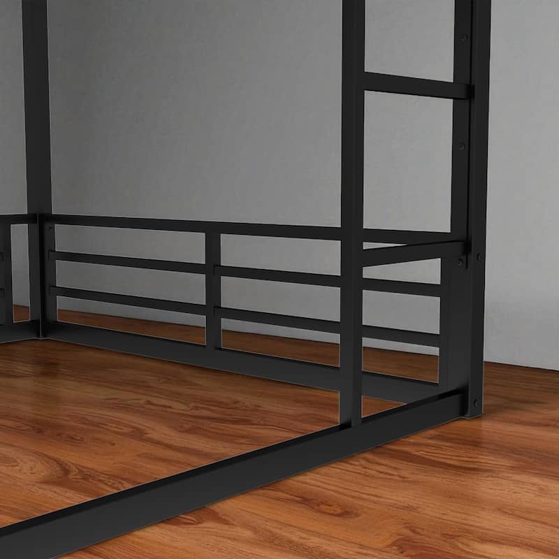 Metal Bunk Bed Twin XL/Full XL/Queen Over Queen, Heavy-Duty Low Bunk Frame with Guardrails and Quiet Design