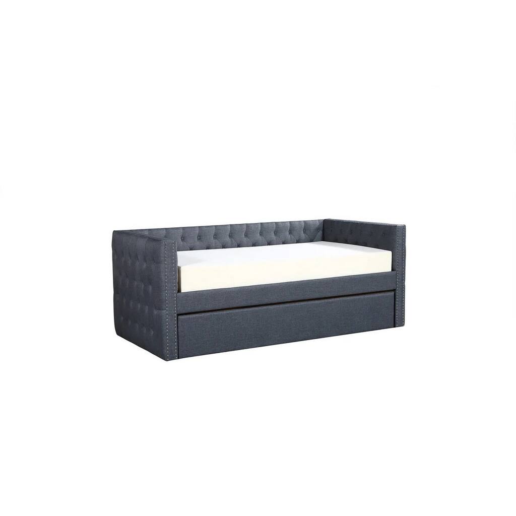 Trace Trundle Daybed, Gray Fabric Upholstery, Chesterfield, Nailhead Trim