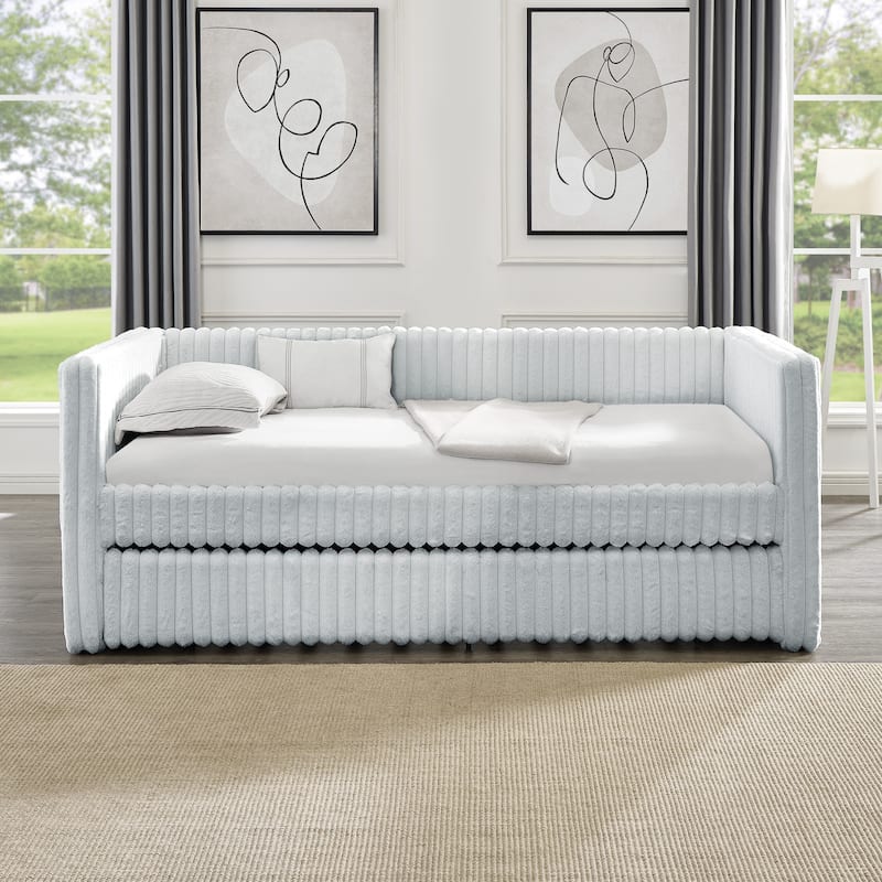 Twin Size Upholstered Daybed, Striped Corduroy Fabric Sofa Bed Frame with Trundle Bed - LIGHT GREY - Twin