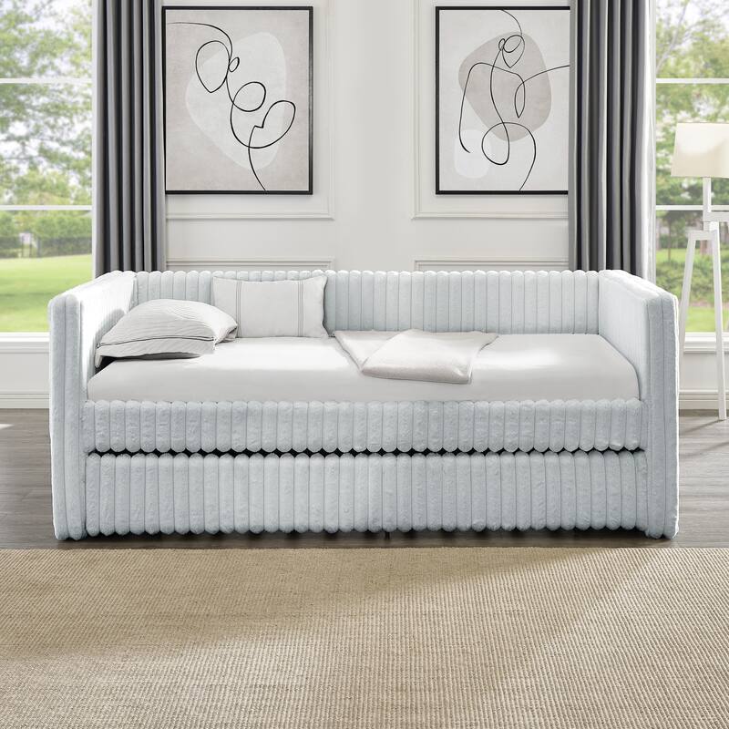 Twin Upholstered Daybed with Pull-Out Trundle, Modern Striped Corduroy Fabric Sofa Bed with Armrests, Space-Saving Sleeper