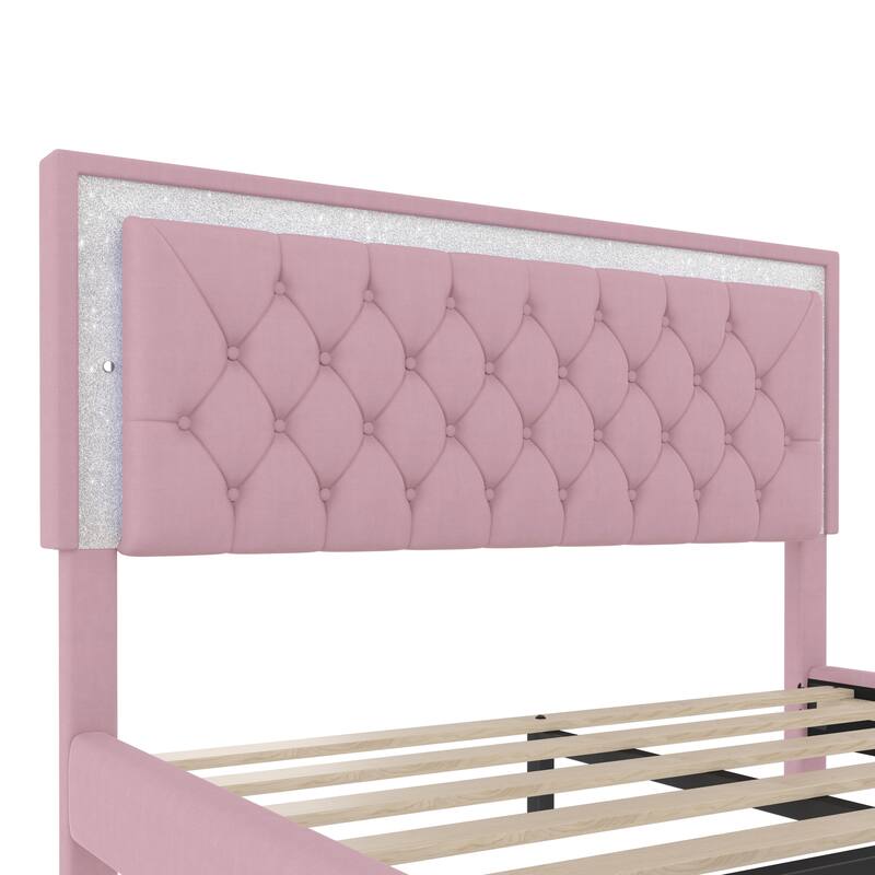 3-Pieces Bedroom Sets Queen Velvet Platform Bed with LED Tufted Headboard Upholstered Bed Frame with 2 Nightstands - Pink