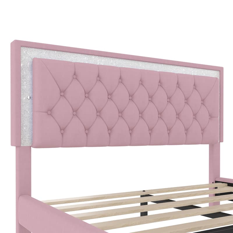 Queen Velvet Platform Bed Frame with LED Headboard - Pink