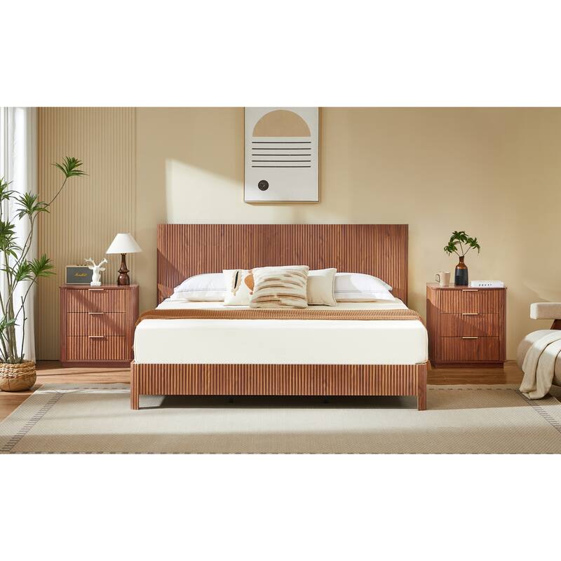 Wooden Corrugated Bed Frame Contemporary Rustic Platform Bed with 44.5" High Headboard/Metal Tubes Support/No Box Spring Needed