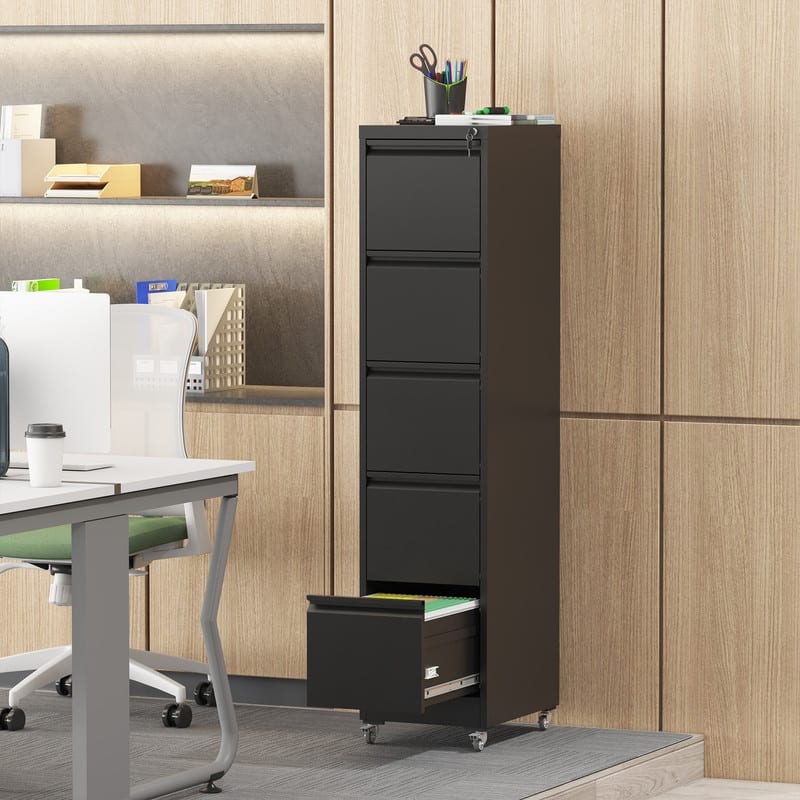 Metal 5 Drawer Vertical File Cabinet with Lock on Wheels for Home Office - Black