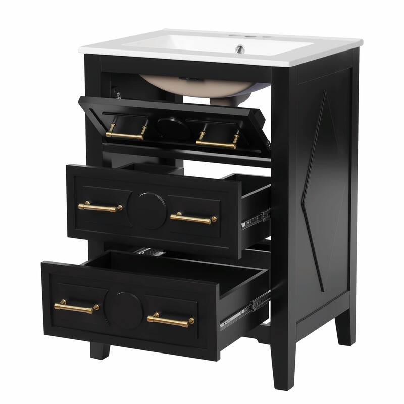 24" Bathroom Vanity with Ceramic Sink Combo, Free-Standing Single Vanity Set with 3 Drawers