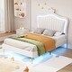 preview thumbnail 2 of 11, Upholstered Bed Frame w/Crown Headboard & LED for Kids,White - Twin