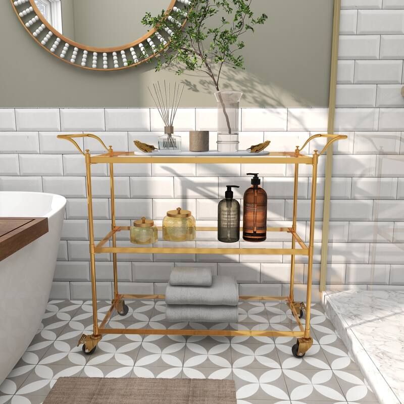 Brass Metal Rolling 3 Glass Shelves Bar Cart with Lockable Wheels