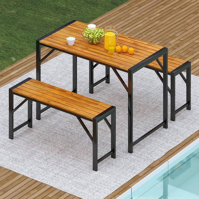 Gymax 3 PCS Dining Set for 4 People Outdoor Picnic Table & 2 Benches