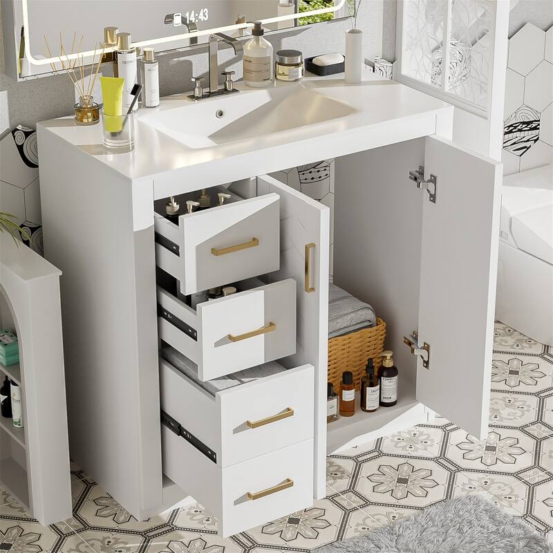 36" Wood Bathroom Vanity w/ Ceramic Sink,3 Drawers,Soft Closing Doors