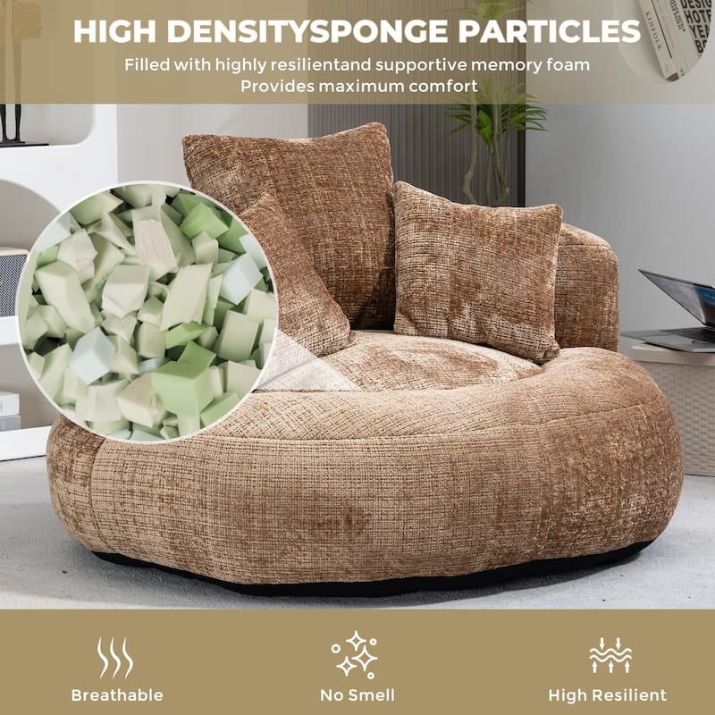 Chenille Oval Bean Bag Chair, Memory Foam Filling Lazy Sofa, Adults Lounge Chair with 3 Pillows & Semi-Wraparound Armrests