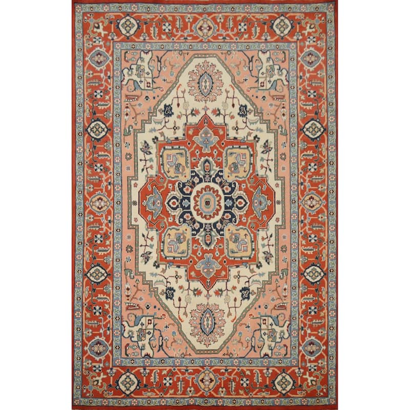 Hand Knotted Oriental 100% Wool Carpet Traditional Medallion Oranges & Rust Heriz (serapi) Area Rug - 8' 9'' X 6' 1''