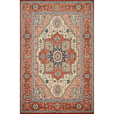 Hand Knotted Oriental 100% Wool Carpet Traditional Medallion Oranges & Rust Heriz (serapi) Area Rug - 8' 9'' X 6' 1''