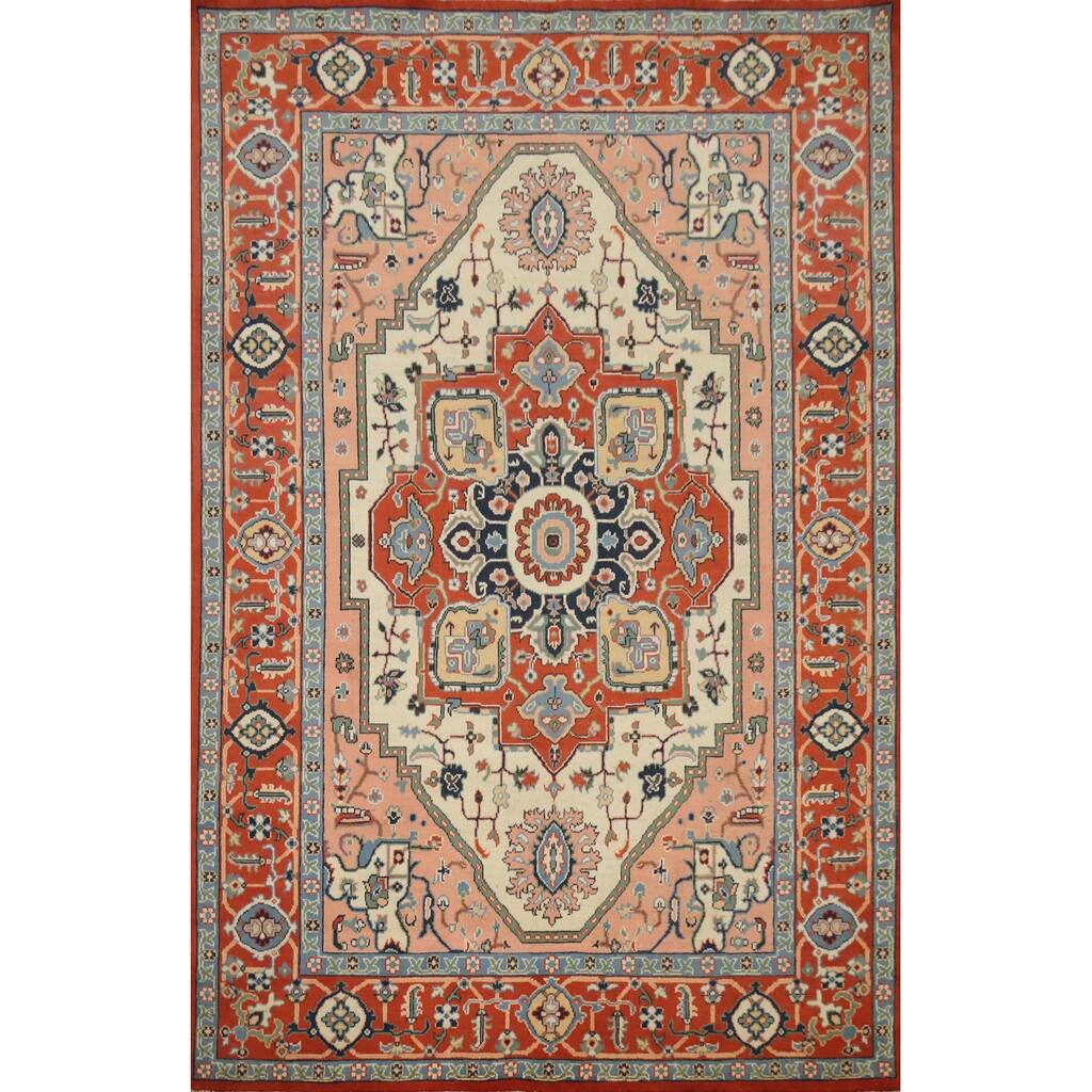 Hand Knotted Oriental 100% Wool Carpet Traditional Medallion Oranges & Rust Heriz (serapi) Area Rug - 8' 9'' X 6' 1''