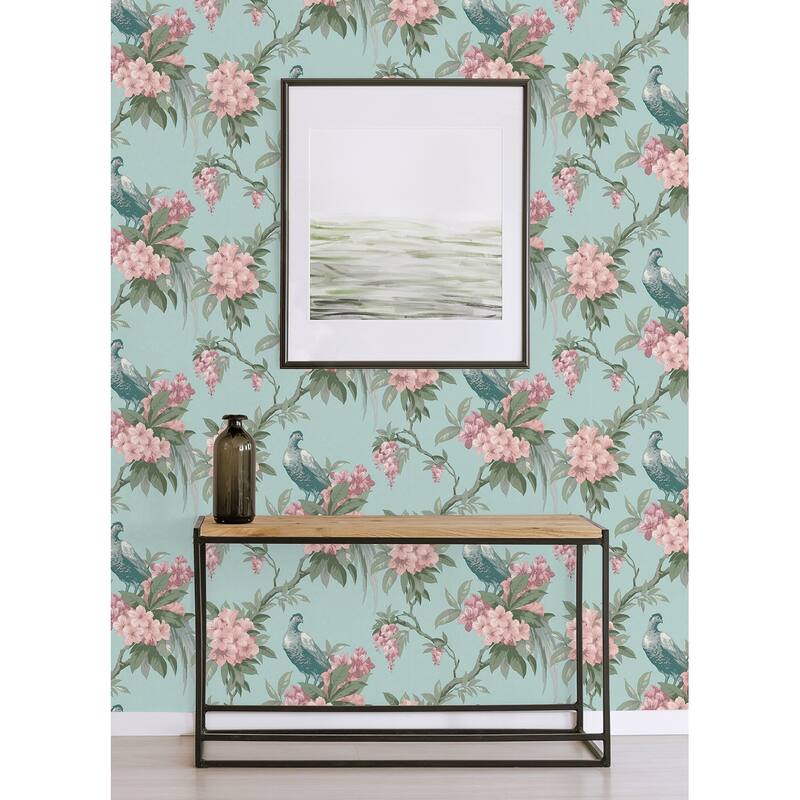 Brewster Golden Pheasant Aqua Floral Wallpaper