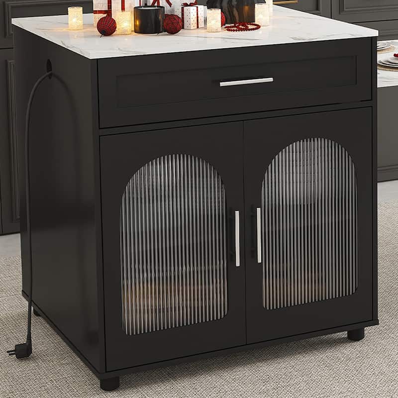 80-inch Expandable Kitchen Island with Dining Table, Marble-Grain Countertop, Mobile Storage Cart with Cabinet & 2 Drawers