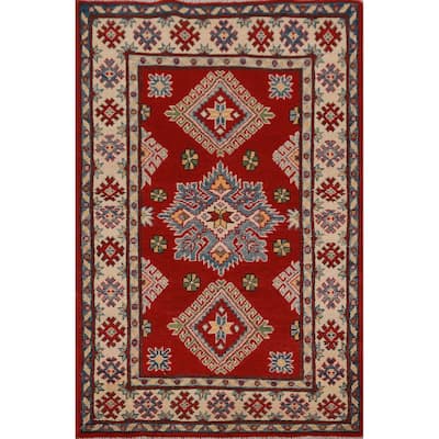Red Geometric Kazak Oriental Foyer Rug Hand-Knotted Wool Carpet - 2'9"x 4'6"