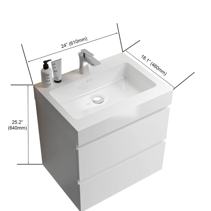 GDFStudio - Naomi Modern Floating Bathroom Vanity with Pre-Assembled Soft-Close Drawers and Durable One-Piece Basin