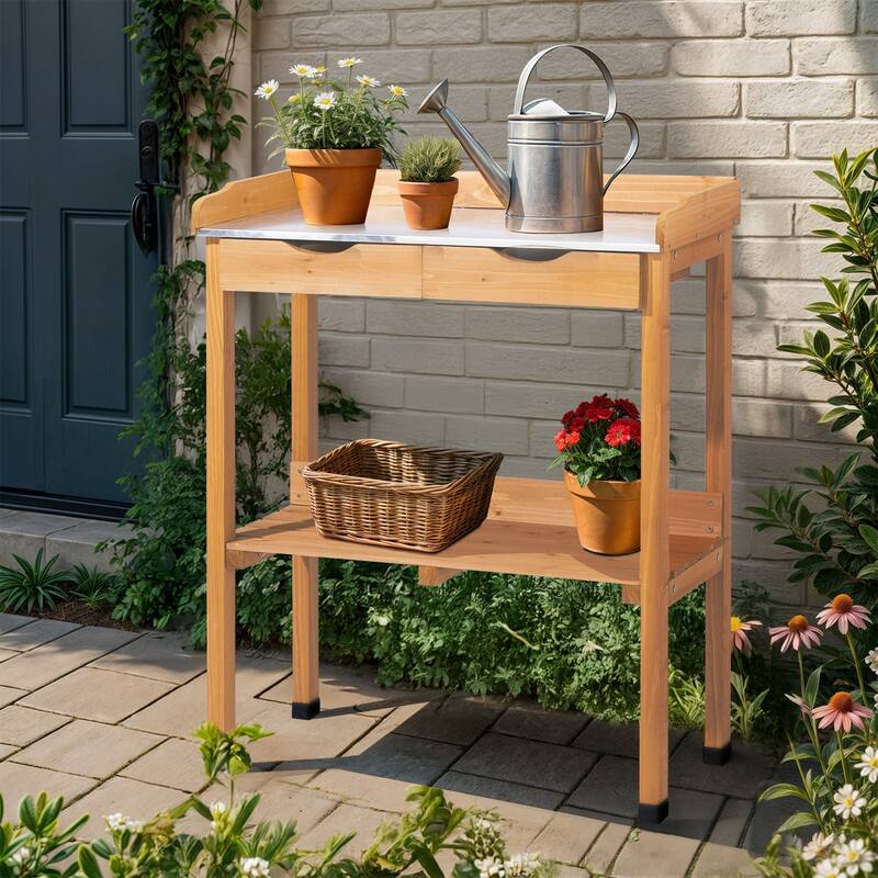 Natural Wood Potting Bench with Metal Top and 2 Drawers Lower Shelf and Hooks for Gardening - 29.8” x 14.6” x 36.4”