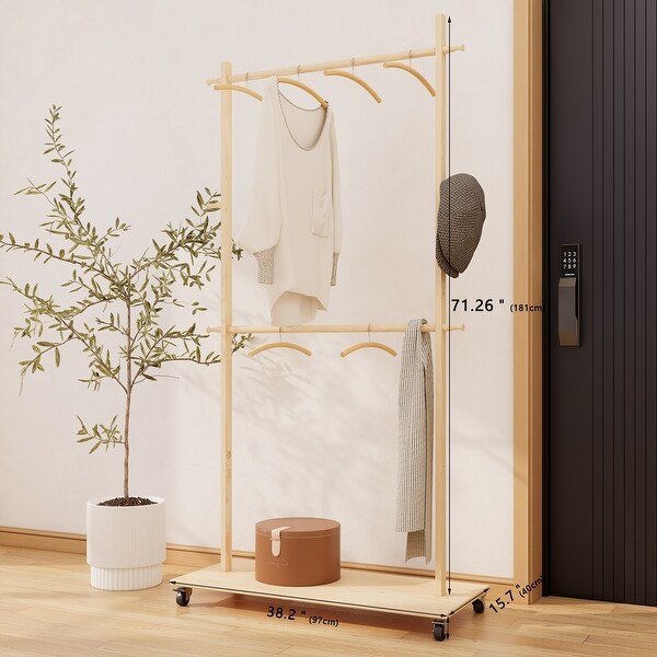 Solid Wood Modern Clothes Rack w/ Wooden Hangers, Adjustable Shelf