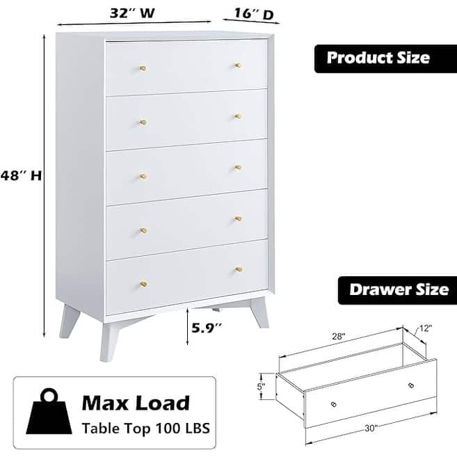 Mid-Century Modern 5 Drawer Dresser, Wood Chest of Drawers