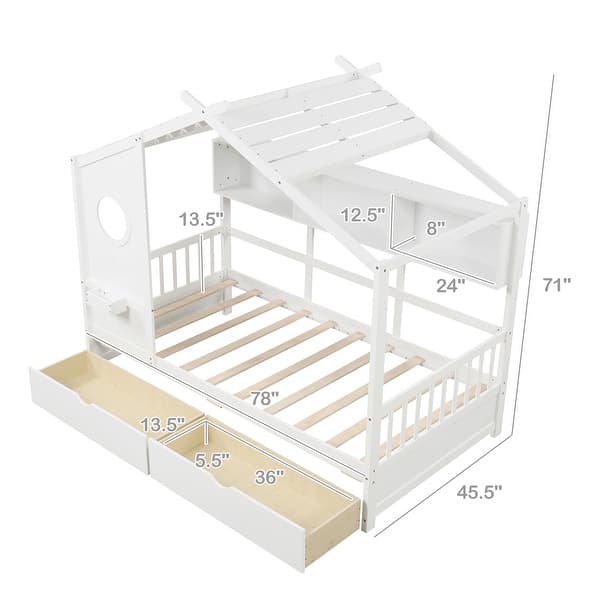 dimension image slide 0 of 2, Twin Size House Bed with 2 Storage Drawers and Fence Guardrails