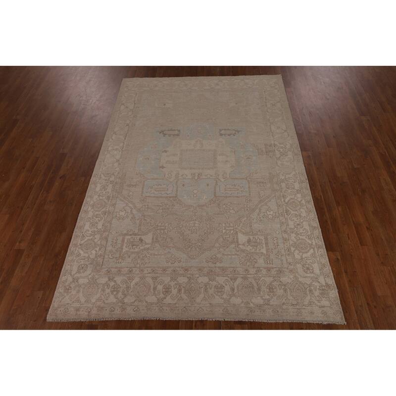 Vegetable Dye Geometric Oushak Area Rug Hand-Knotted Wool Carpet - 6'1"x 8'11"