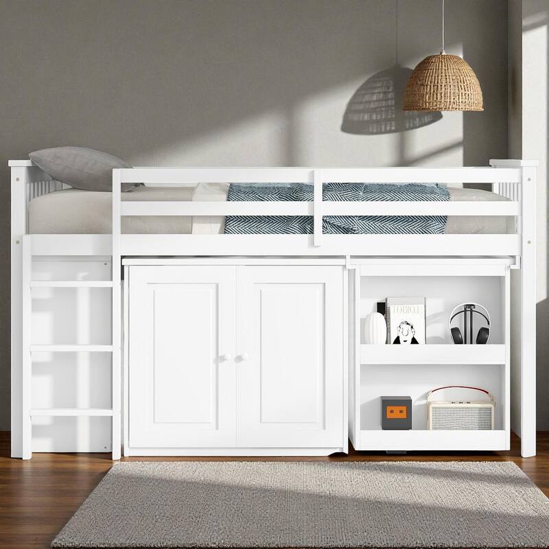 Twin Size Rubber Wood Loft Bed with Pull-Out Desk, Storage Cabinets, Drawers and Shelves, Safety Guardrail and Ladder