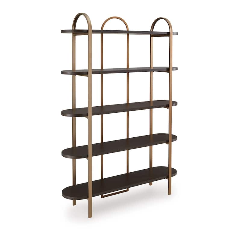 72 Inch Bookcase with 5 Ash Wood Storage Shelves, Retro Gold Frame