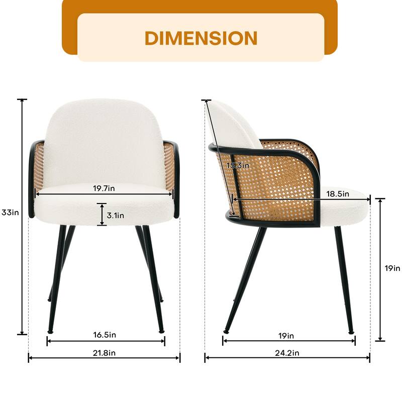Upholstered Rattan Dining Chairs Set of 2, Arm Side Chair - 21.8" W x 24.2" D x 33" H