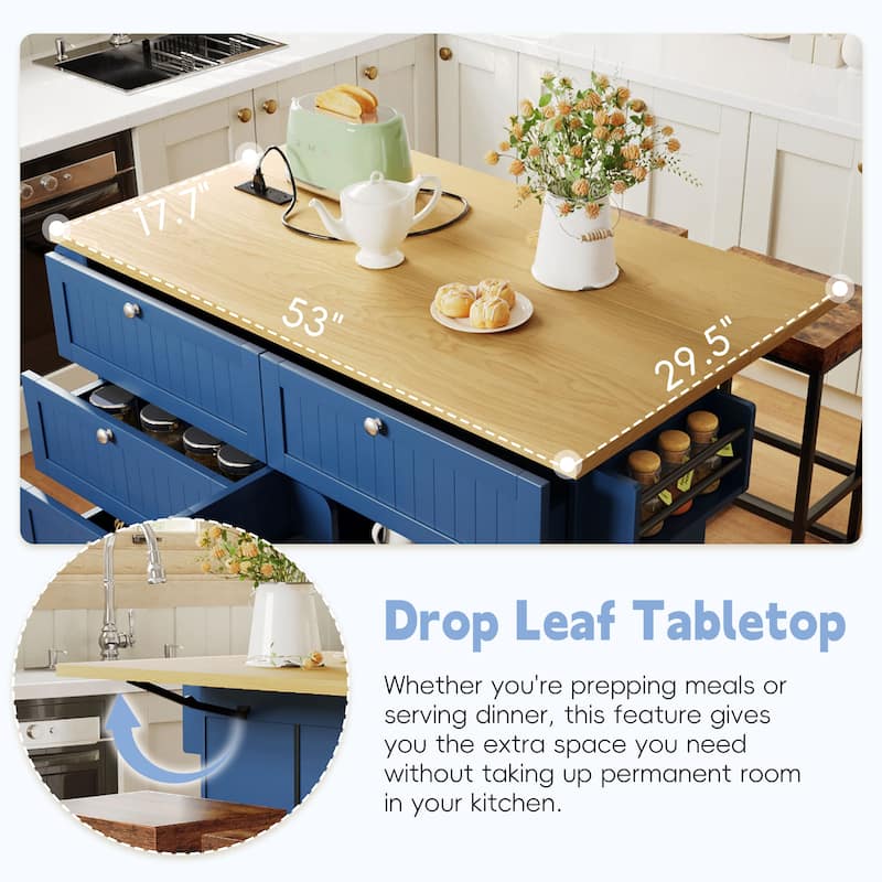 Farmhouse Kitchen Island on Wheels with Drop Leaf, 2 Seating & Power Outlet