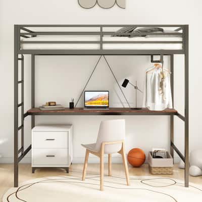 Sturdy Twin Size Loft Bed with Cinnamon Wood Desk and Closet Rod, Metal High Loftbed Frame with Ladder and Guardrails