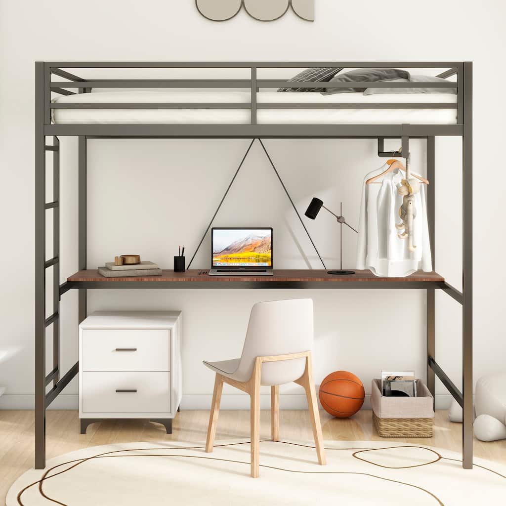 Sturdy Twin Size Loft Bed with Cinnamon Wood Desk and Closet Rod, Metal High Loftbed Frame with Ladder and Guardrails