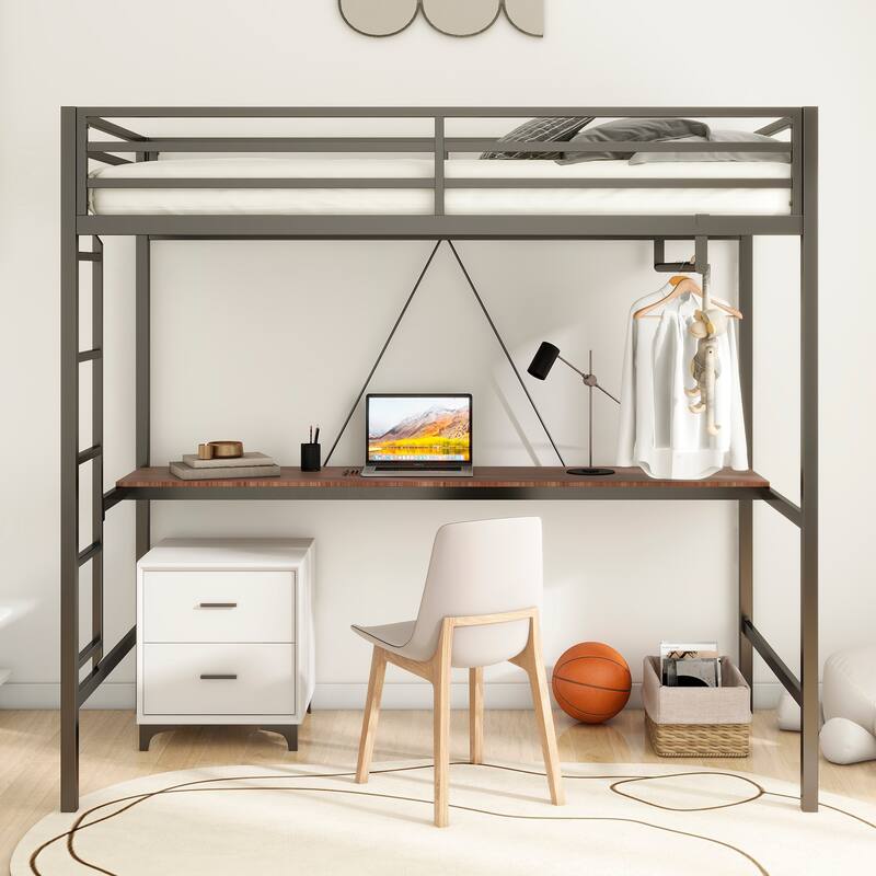 Twin Size Metal Loft Bed with Integrated Desk and Closet Rod, Space-Saving Frame with Guardrails and Ladder