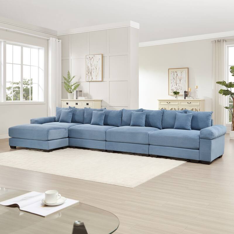 Roomfitters 130 Inch Modular Sectional Couch, Oversized Corduroy 3-Seater with Deep Seats, Blue