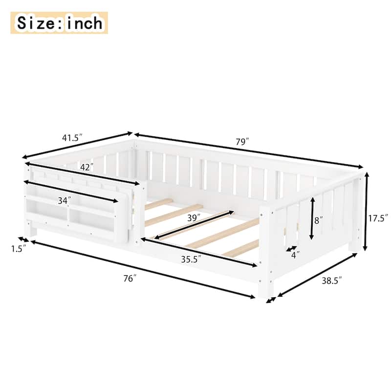 Low Profile Montessori Bed Floor Platform Bed with Fence and Bookshelf
