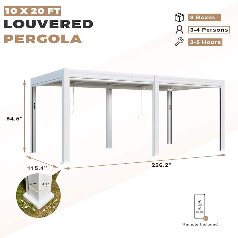 EROMMY Outdoor Louvered Pergola Gazebo with Adjustable Aluminum Rainproof Roof and Pull-Down Screen