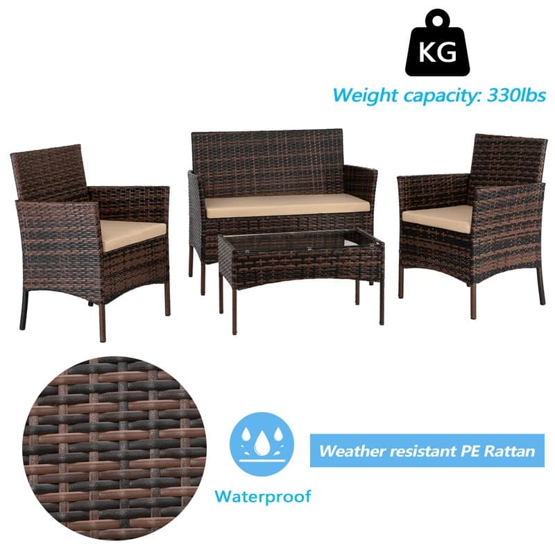 Outdoor 4-Piece Brown Wicker Rattan Conversation Set with Khaki Cushion