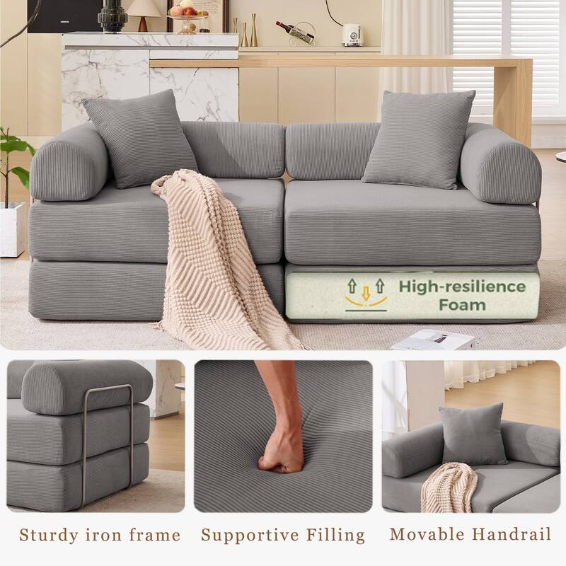 Modular Couch Sofa Bed, Convertible Design with Removable Armrests,Folding Mattress Couch for Small Spaces ,No Assembly