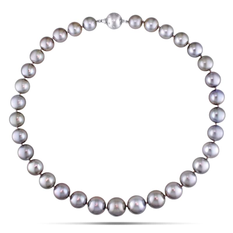Miadora 10-13mm Silver Tahitian Graduated Diamond Accent Pearl Strand with 14k White Gold