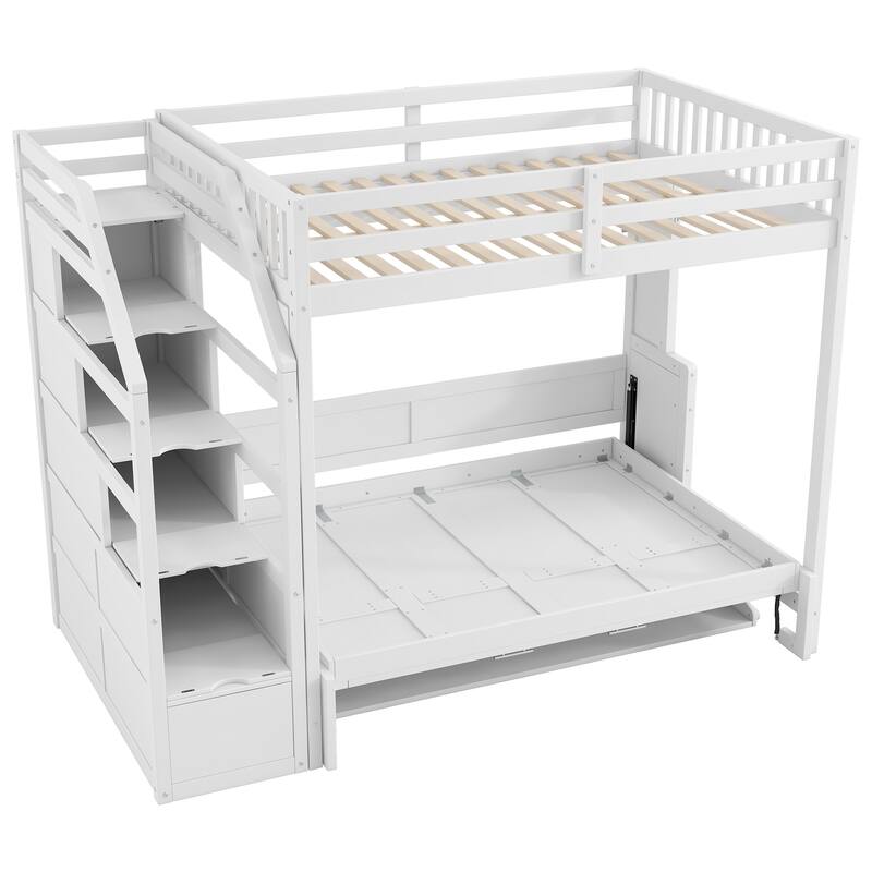 Full XL Loft Bed with Storage Stairs, Murphy Bed, LED Light, White