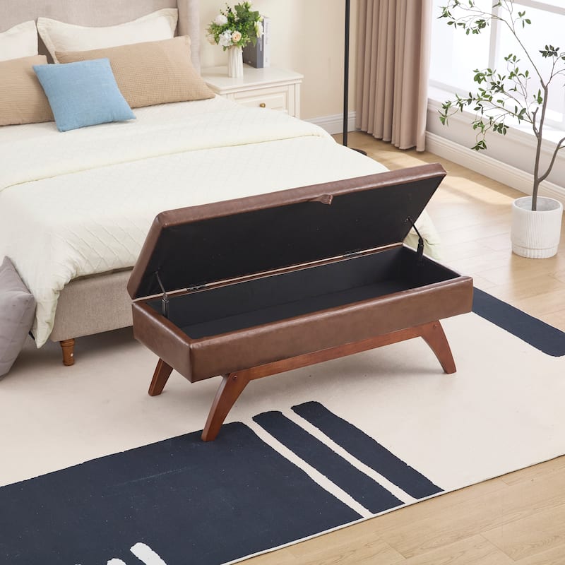 Teddy Fabric Storage Ottoman Bench with Solid Wood Feet - Plush Upholstered Footrest for Bedroom or Living Room