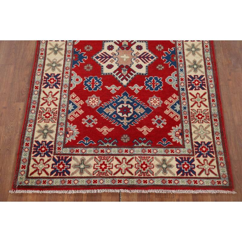 Geometric Red Kazak Accent Rug Handmade Wool Carpet - 3'4" x 5'3"