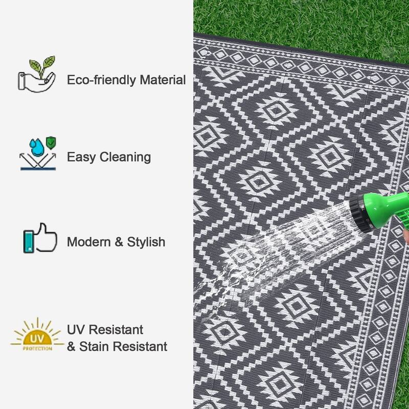 Outdoor Rugs Reversible Geometric Boho Plastic Straw Rug for Patio Camping Beach Deck Picnic Backyard