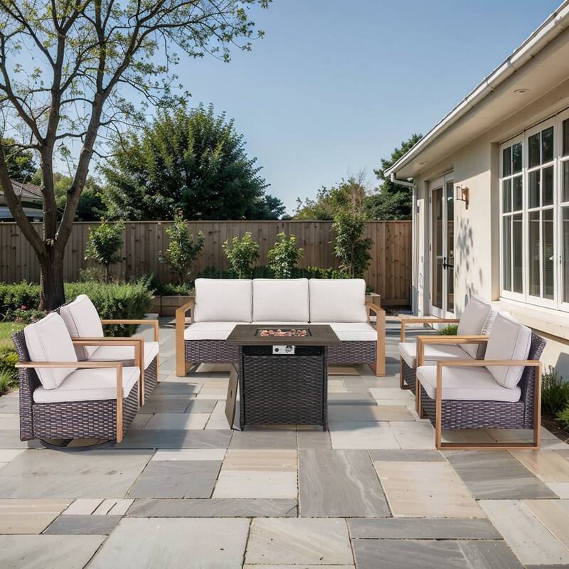 Pocassy Outdoor Fire Pit Table with 3-Seat Sofa Chairs Furniture Set - Brown Wicker Beige Cushion - 6-Piece Sofa Chair with Fire Table