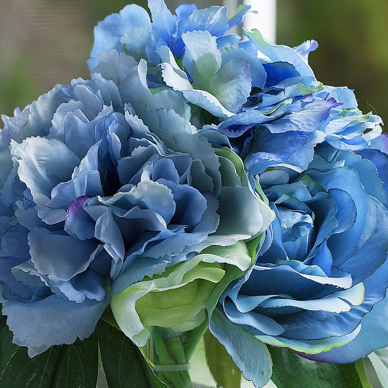 Enova Home Mixed Artificial Peony Roses and Hydrangea Silk Flowers in Clear Glass Vase with Faux Water - 12"H x 10"W