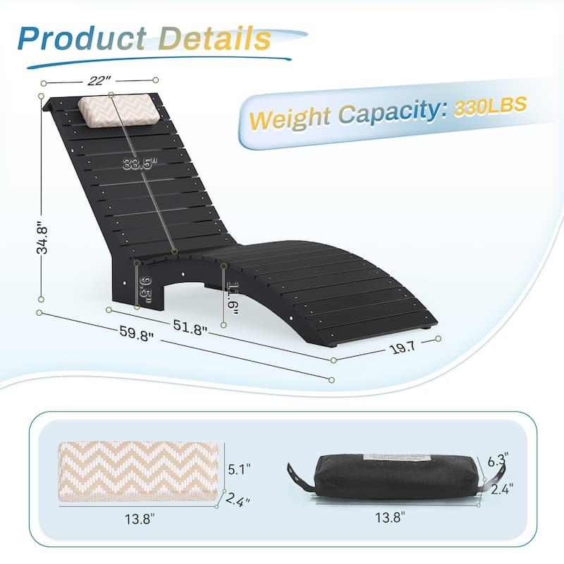 22"W HDPS Outdoor Lounger For Pool, Outdoor Backrest Lounge Chaise With Cushion, Single Pool Lounge Chairs For In Pool