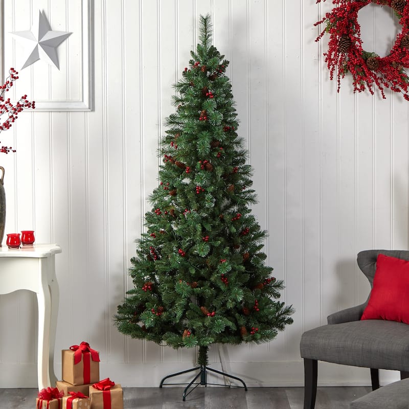 7Ft Artificial Christmas Tree with Warm White Lights & Pinecone Accents - Green - 84