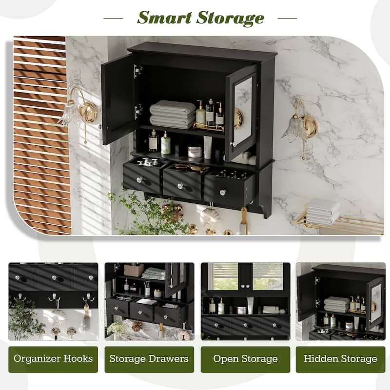 24 Inch 4-in-1 Wall Mounted Medicine Cabinet with Mirror, Drawers and Hooks, Bathroom Storage Organizer
