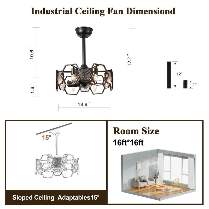 Bella Depot 19" Indoor Industrial Ceiling Fan with Light and Remote